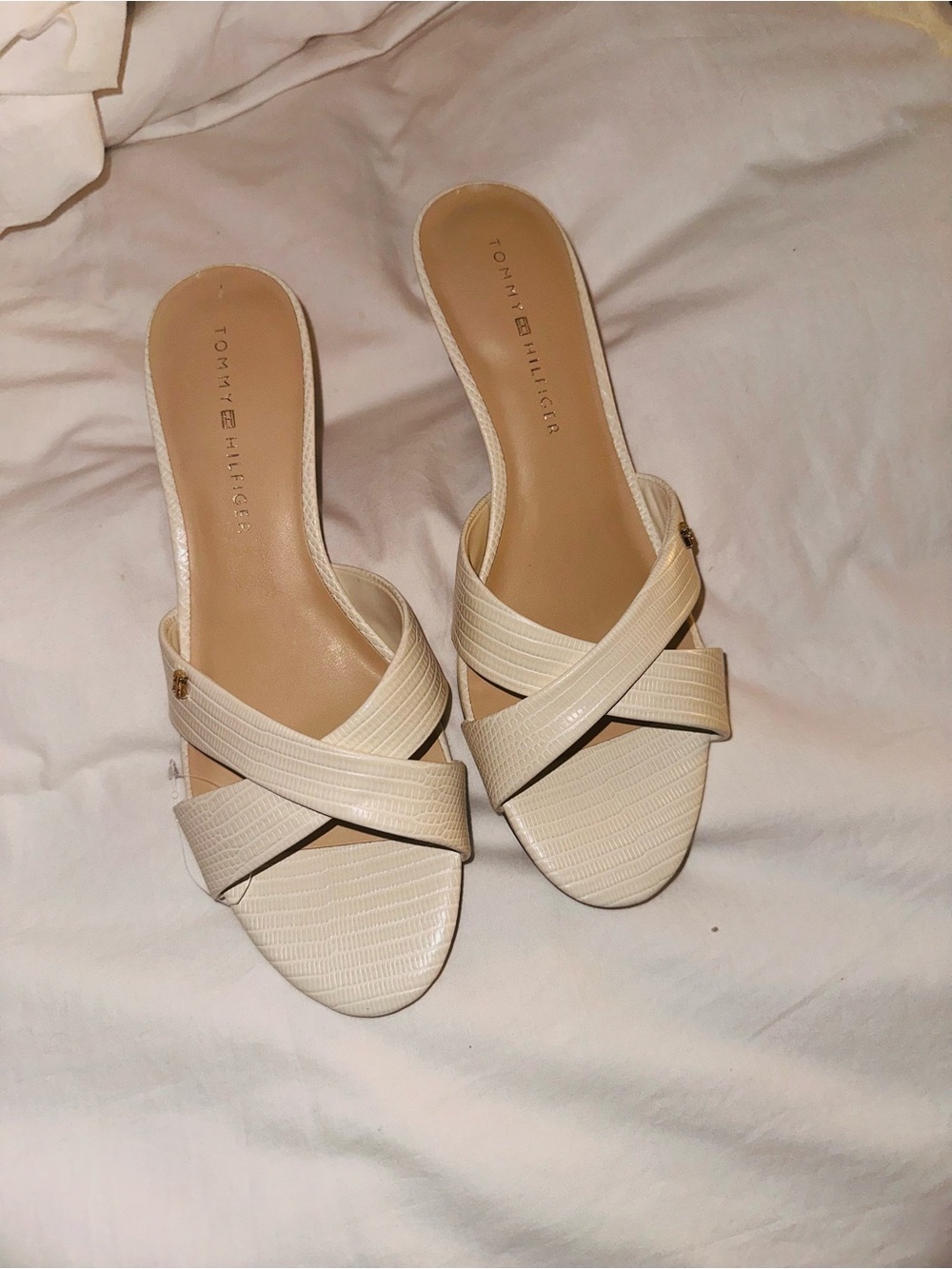 Tommy Hilfiger Cream Cross-Strap Slip-On Heeled Mules